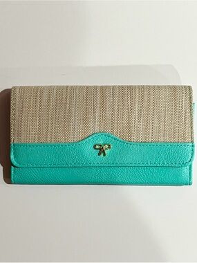 Tiffany Inspired Trifold Wallet Blue Leather & Natural Canvas